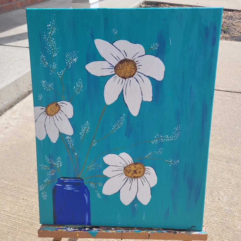 Hand painted Daisies in Blue  acrylic Painting